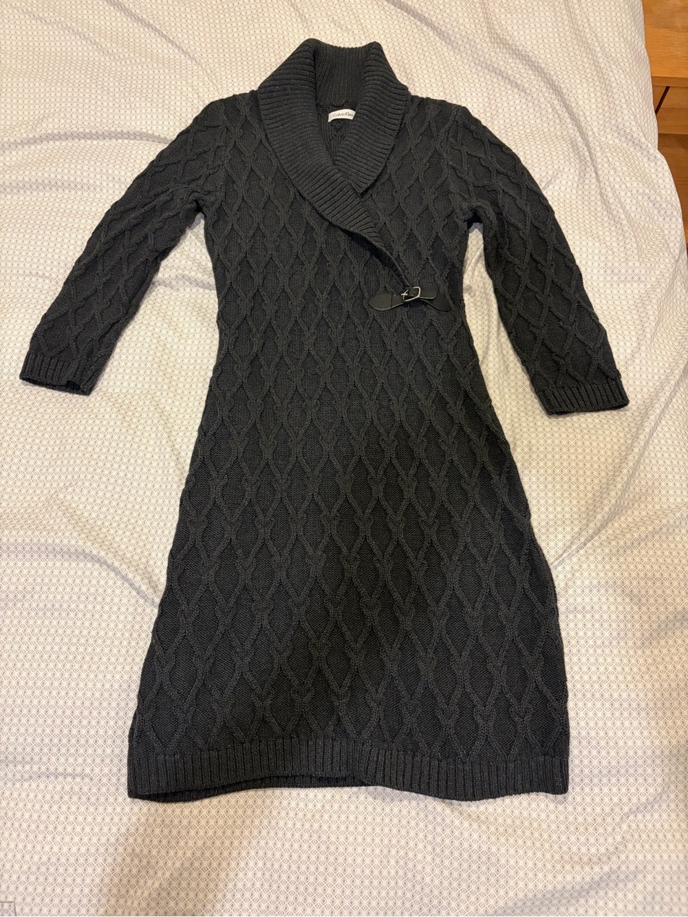 Calvin Klein Women’s Black Cable-Knit Shawl Collar Sweater Dress